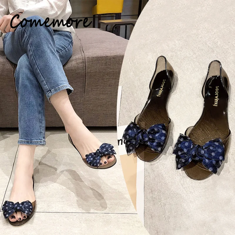 Comemore Korean Style Flats Sandals Fashion Summer Fish Mouth Bow Transparent Jelly Shoes Femme Flat Beach Leisure Footwears