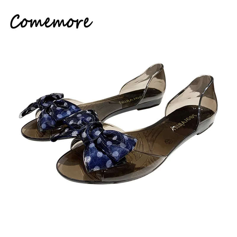 Comemore Korean Style Flats Sandals Fashion Summer Fish Mouth Bow Transparent Jelly Shoes Femme Flat Beach Leisure Footwears