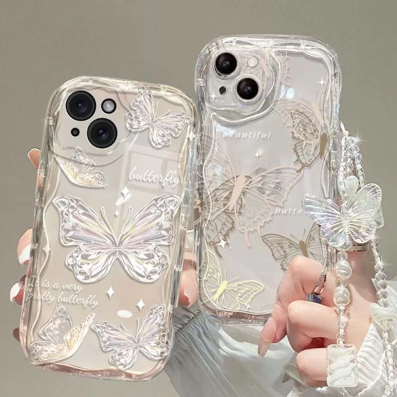 Korean Cute 3D Butterfly Bracelet Chain Phone Case For IPhone 15 16 17 Pro Max 14 11 13 12 Mini Plus 16E 17 Air Wavy Clear Cover