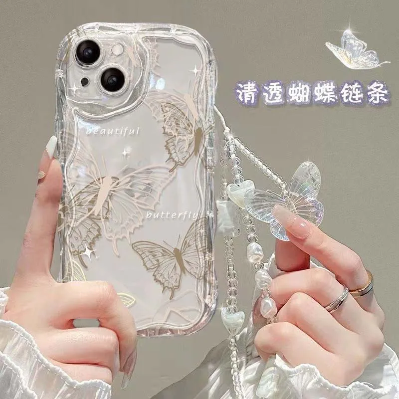 Korean Cute 3D Butterfly Bracelet Chain Phone Case For IPhone 15 16 17 Pro Max 14 11 13 12 Mini Plus 16E 17 Air Wavy Clear Cover