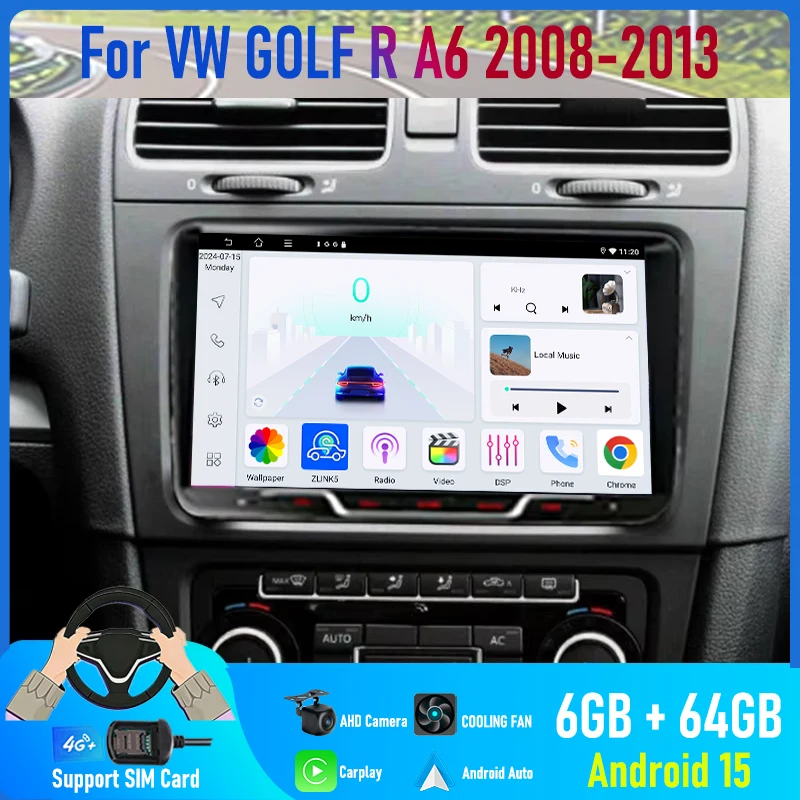 9'' For VW GOLF R A6 2008-2013 Car Radio 4G SIM Carplay Android 15 Auto GPS 2DIN Reversing Image Stereo Navi Camera Google Map
