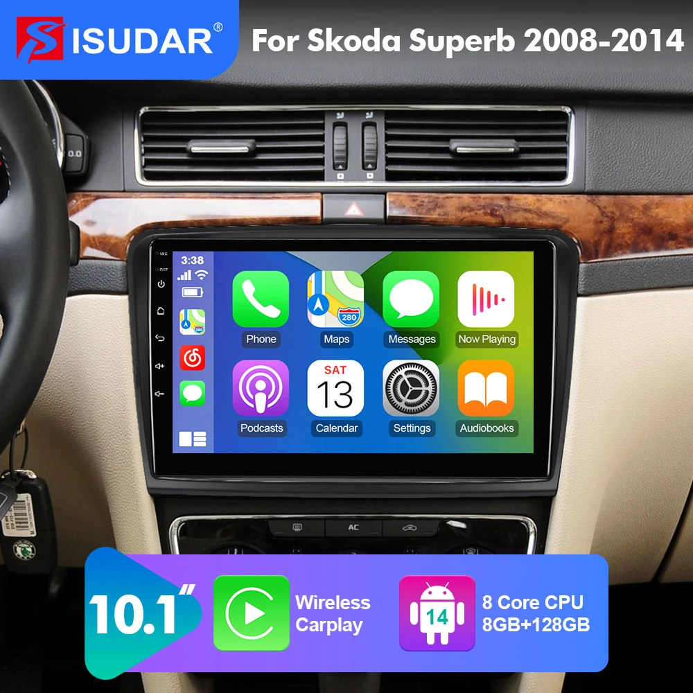2026 New! 10.1 Inch Isudar Android 14 Car Radio For Skoda Superb 2 B6 2008-2014 Carplay Auto Stereo GPS Camera LTE No 2din