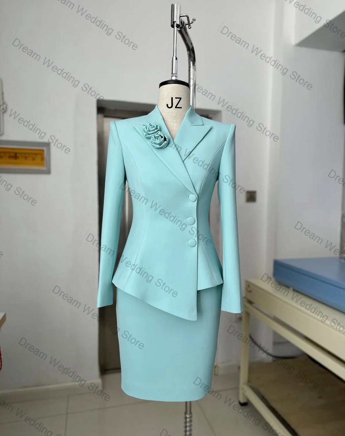 Light Blue Women Suit Skirt Set 2 Pcs Blazer+Prom Dress 3D Flower Formal Office Lady Jacket Customized Summer Wedding Prom Coat