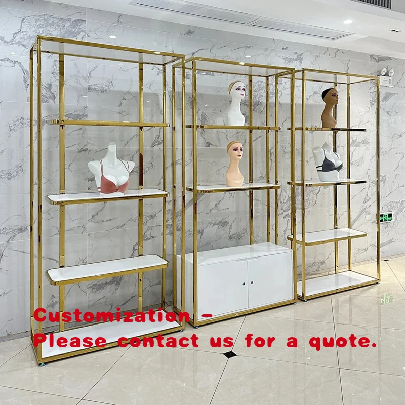 custom.Modern Wig Salon Shop Interior Decoration Human Hair Display Stand Cabinet Luxury Stainless Steel Gold Wig