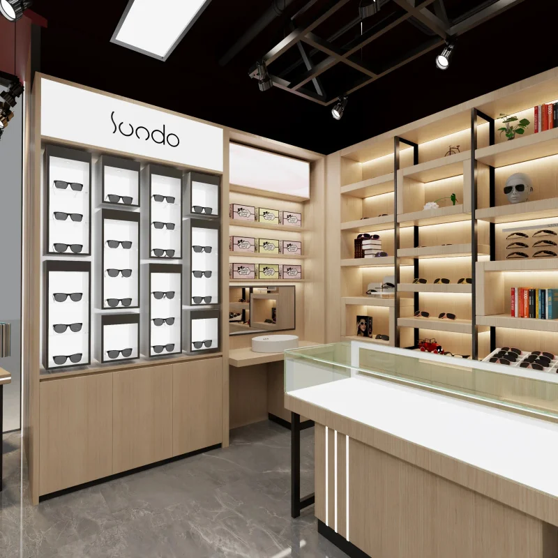 custom.Optical Shop Interior Design Glasses Display Furniture Custom Sunglasses Display Cabinet Wall Mounted LED Rack Retail