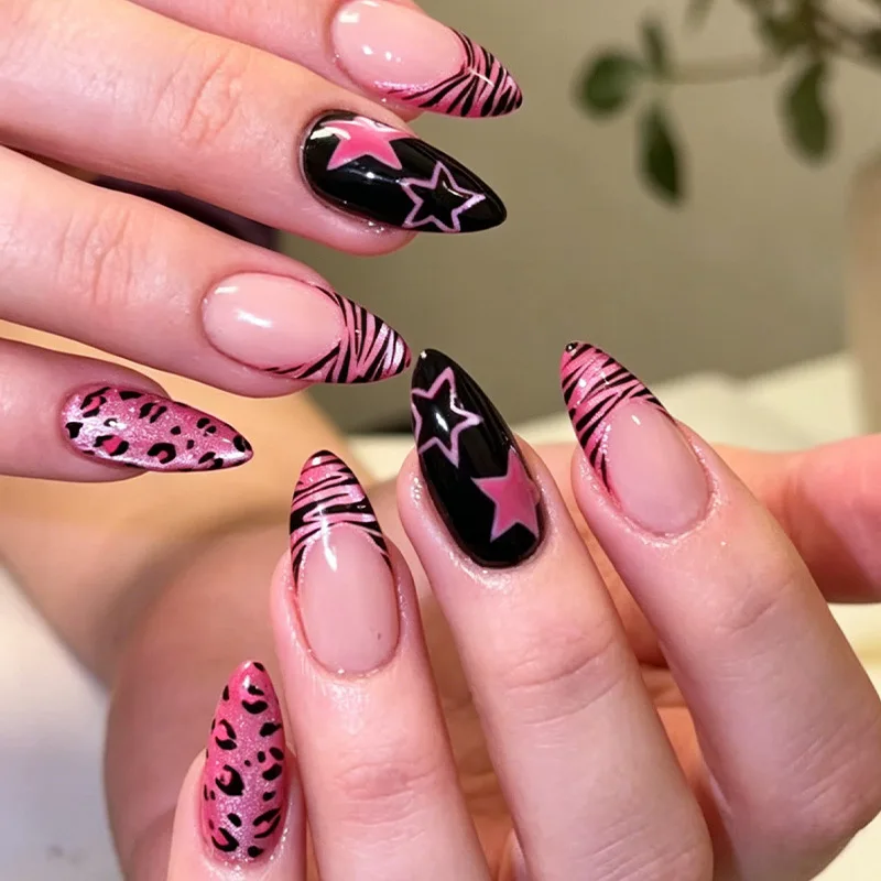 24pcs Lines and Stars Press on Nails Leopard-Print French Tip Fake Nail Short Almond Cat Eye False Nail for Women&Girl Nail Art