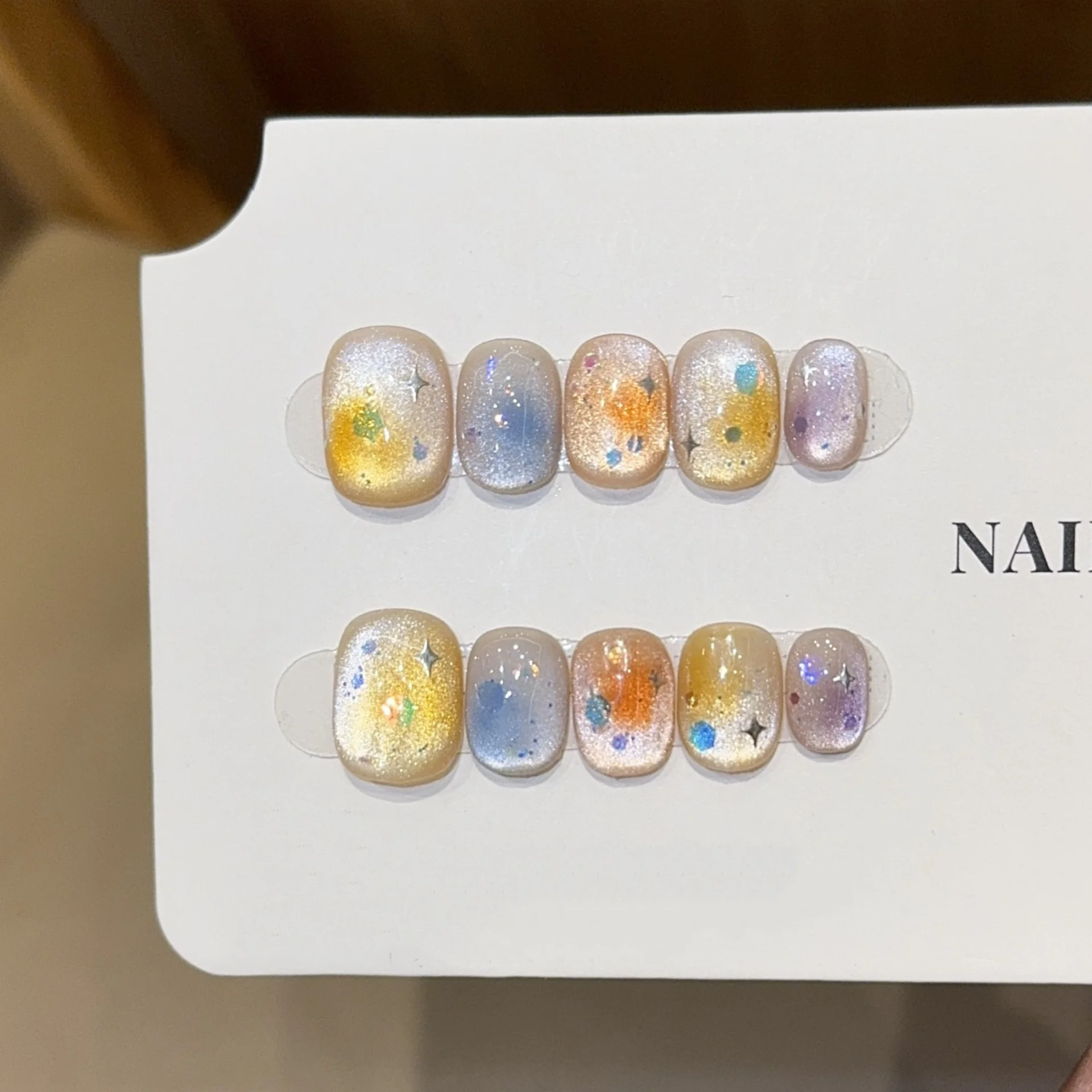 10Pcs Colorful Gradient Stick on Handmade False Nails Tips Short Square Cat's Eye Press on Nails Art Star Polka Dot Fake Nail