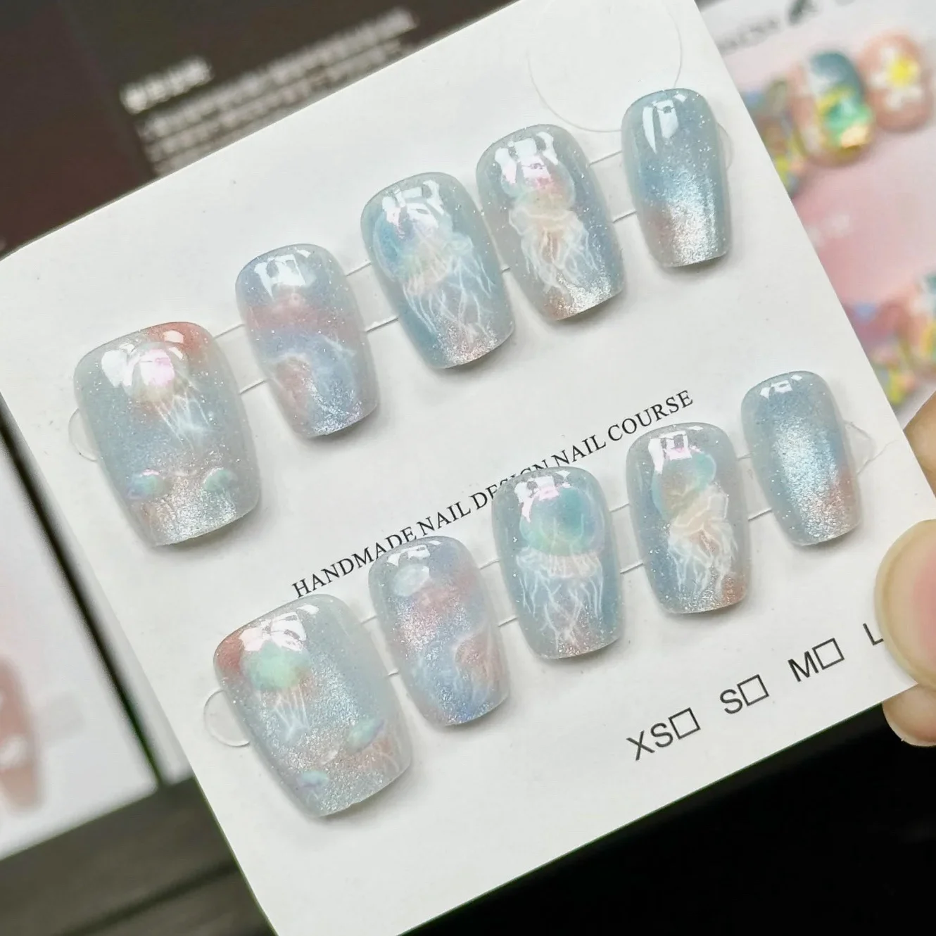 10 Pcs Women Colour Dreamy Jellyfish New Handmade Cat Eye Press On Nails Detachable Wearable Girls Art Kawaii Blue Fake Nails