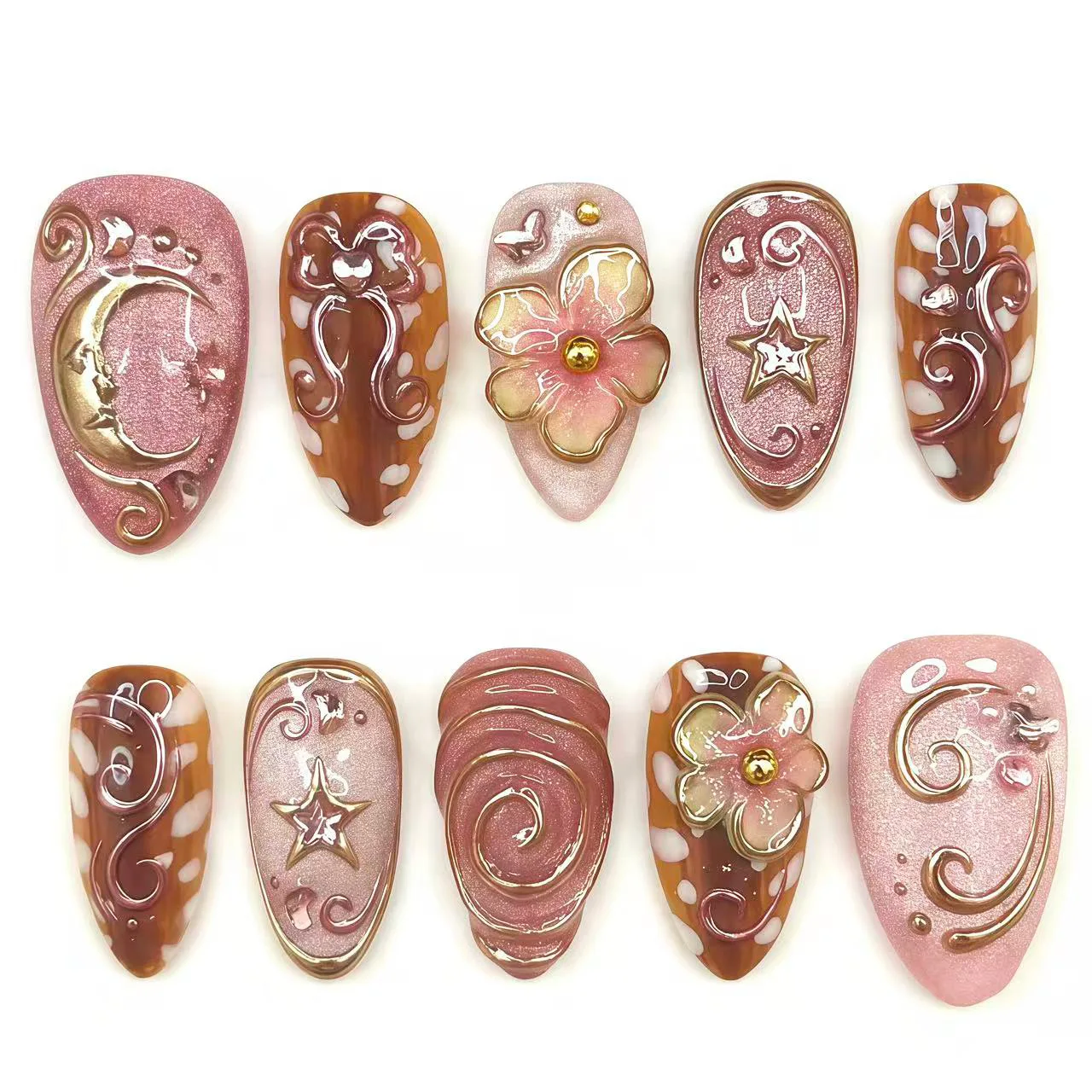 24Pcs Gilded Lines Press on Nails Cat's Eye Pink Stick on Star Moon Design False Nails Art Almond Style Flower Diamond Fake Nail