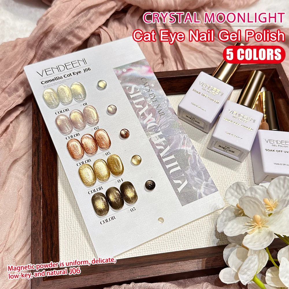 Vendeeni 5 Colors Crystal Cat Eye Gel Nail Polish Set Magnetic UV Soak Off Gel Lacquer Cat Eye Nail Art Gel Varnish With Display