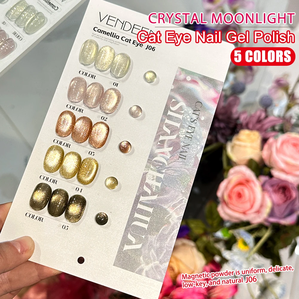 Vendeeni 5 Colors Crystal Cat Eye Gel Nail Polish Set Magnetic UV Soak Off Gel Lacquer Cat Eye Nail Art Gel Varnish With Display