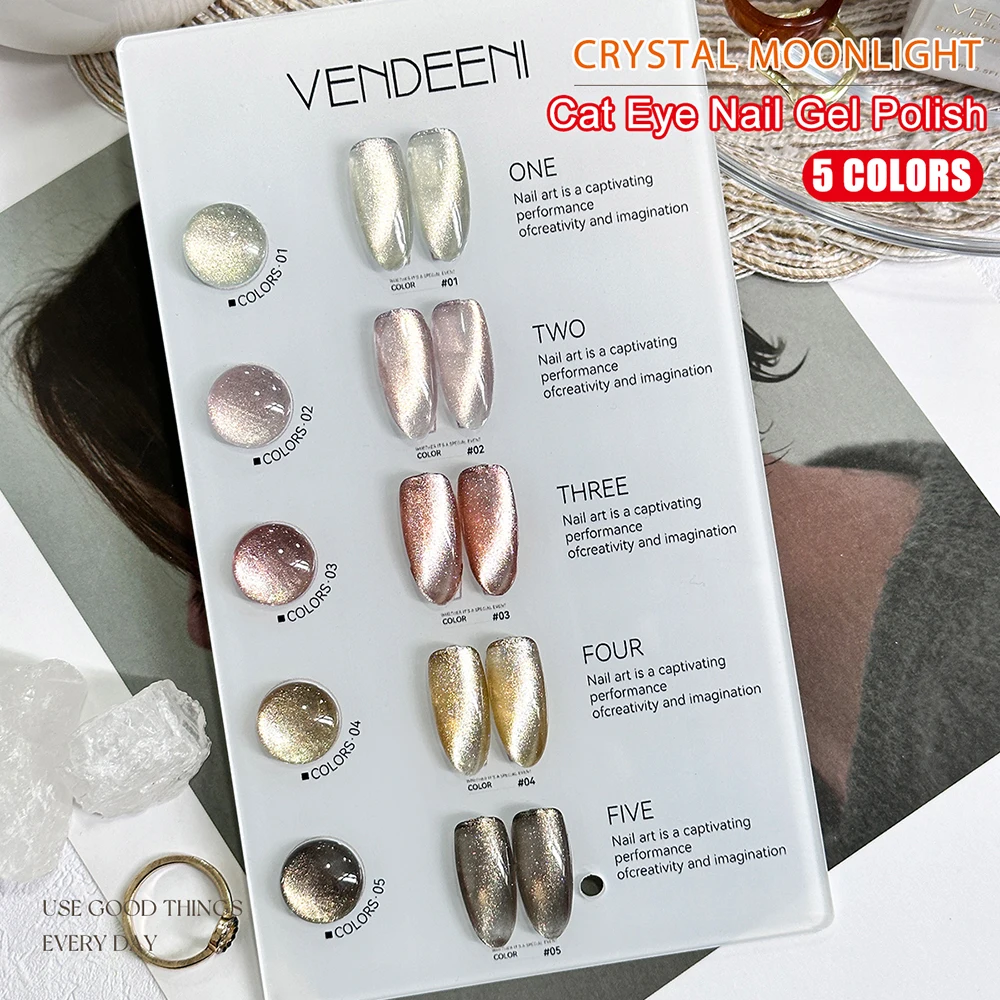 Vendeeni 5 Colors Crystal Cat Eye Gel Nail Polish Set Magnetic UV Soak Off Gel Lacquer Cat Eye Nail Art Gel Varnish With Display