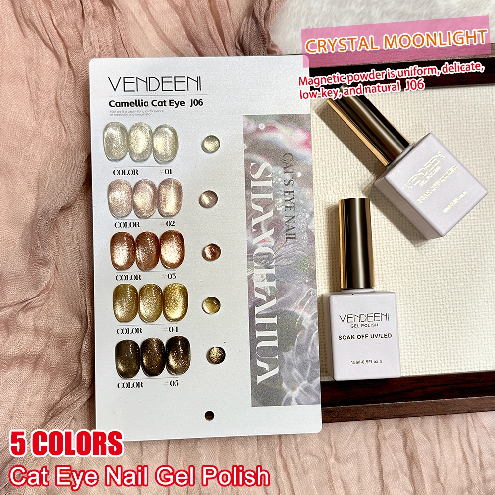 Vendeeni 5 Colors Crystal Cat Eye Gel Nail Polish Set Magnetic UV Soak Off Gel Lacquer Cat Eye Nail Art Gel Varnish With Display