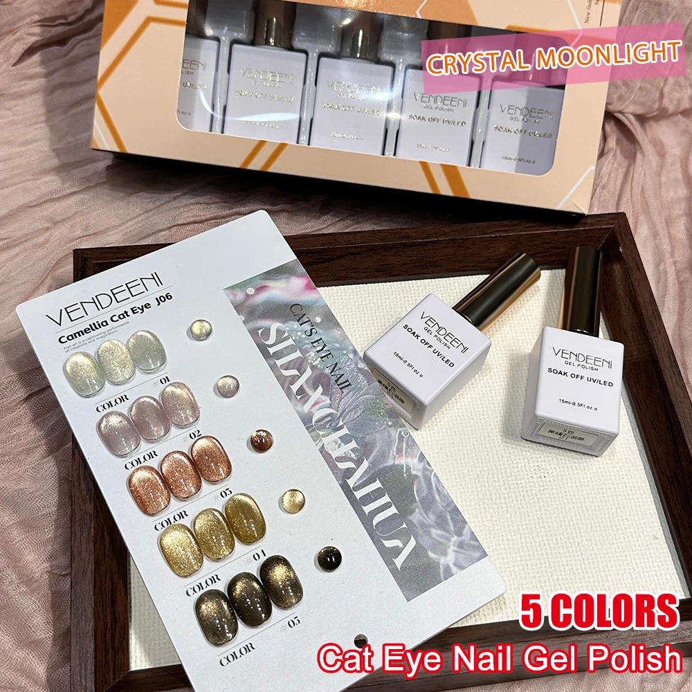 Vendeeni 5 Colors Crystal Cat Eye Gel Nail Polish Set Magnetic UV Soak Off Gel Lacquer Cat Eye Nail Art Gel Varnish With Display