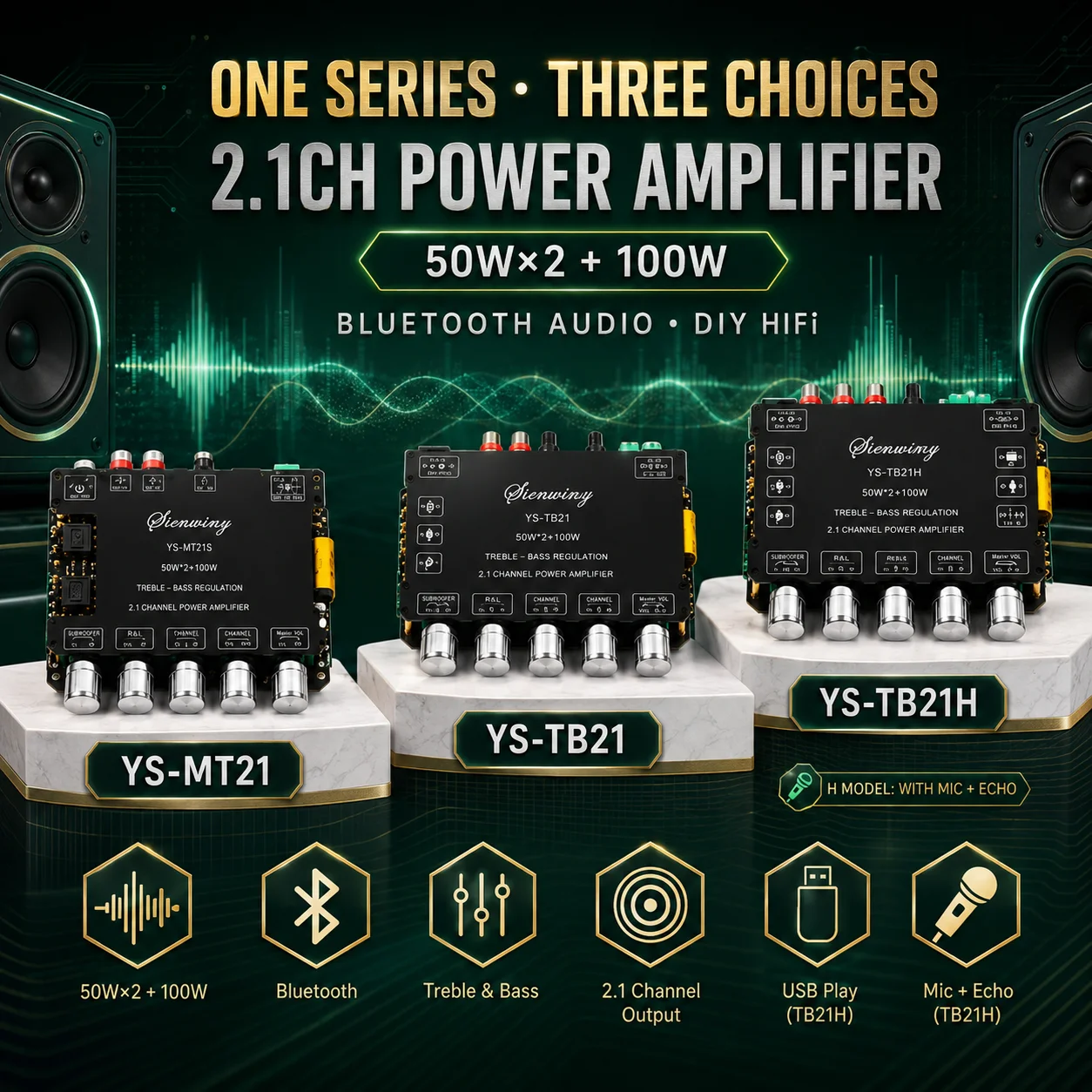 YS-MT21 YS-TB21 YS-TB21H 2.1CH Bluetooth 5.1 Amplifier Board 200W 50W×2+100W Subwoofer HiFi AUX USB DIY Home Car Stereo Audio BT