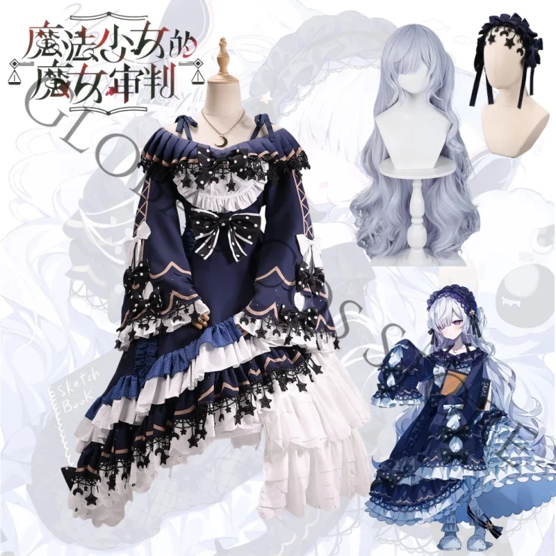 Natsume An-An Cosplay Costume Magical Girl Witch Trial Gorgeous Navy Blue Gothic Lolita Dress Headdress and Accessories Wig Set