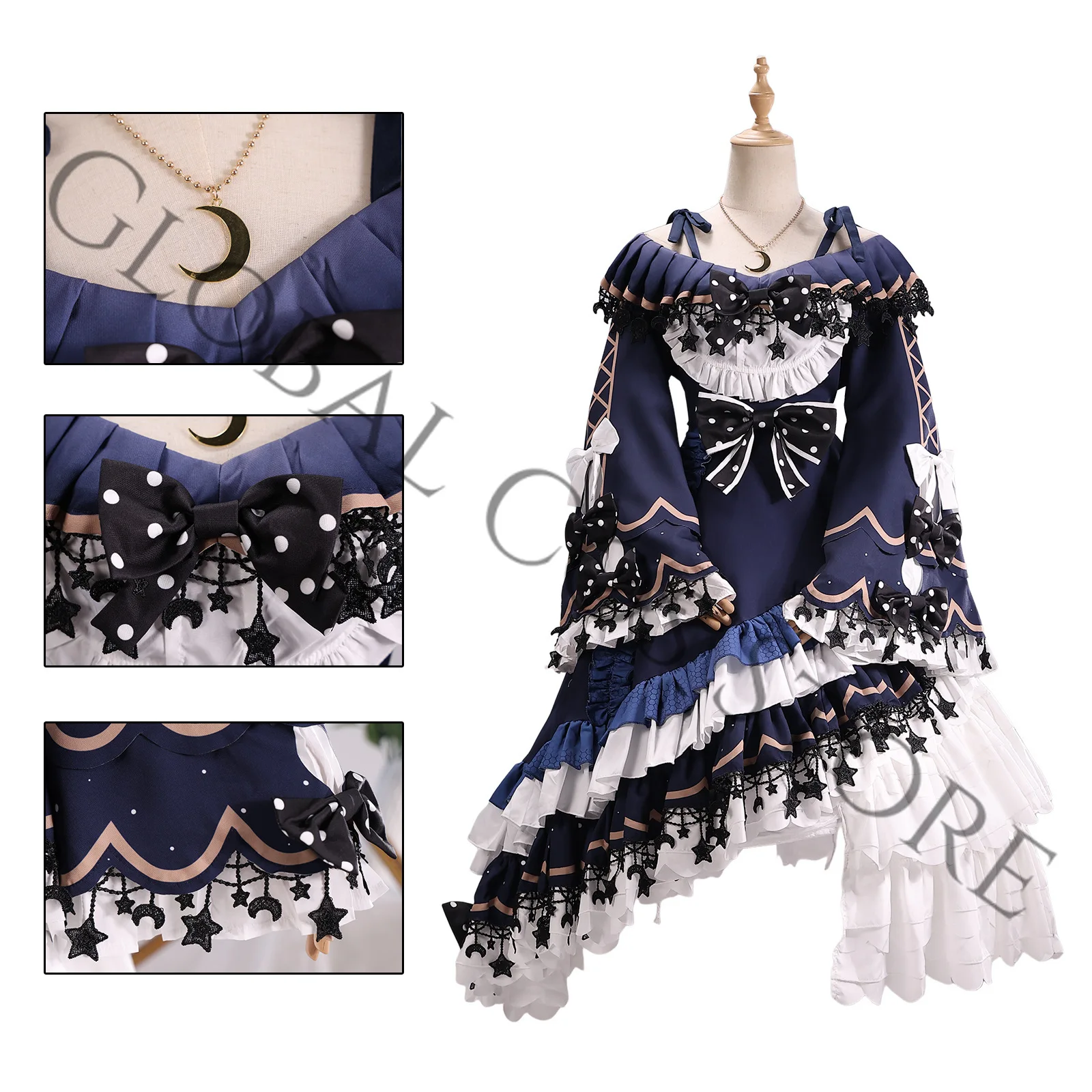 Natsume An-An Cosplay Costume Magical Girl Witch Trial Gorgeous Navy Blue Gothic Lolita Dress Headdress and Accessories Wig Set