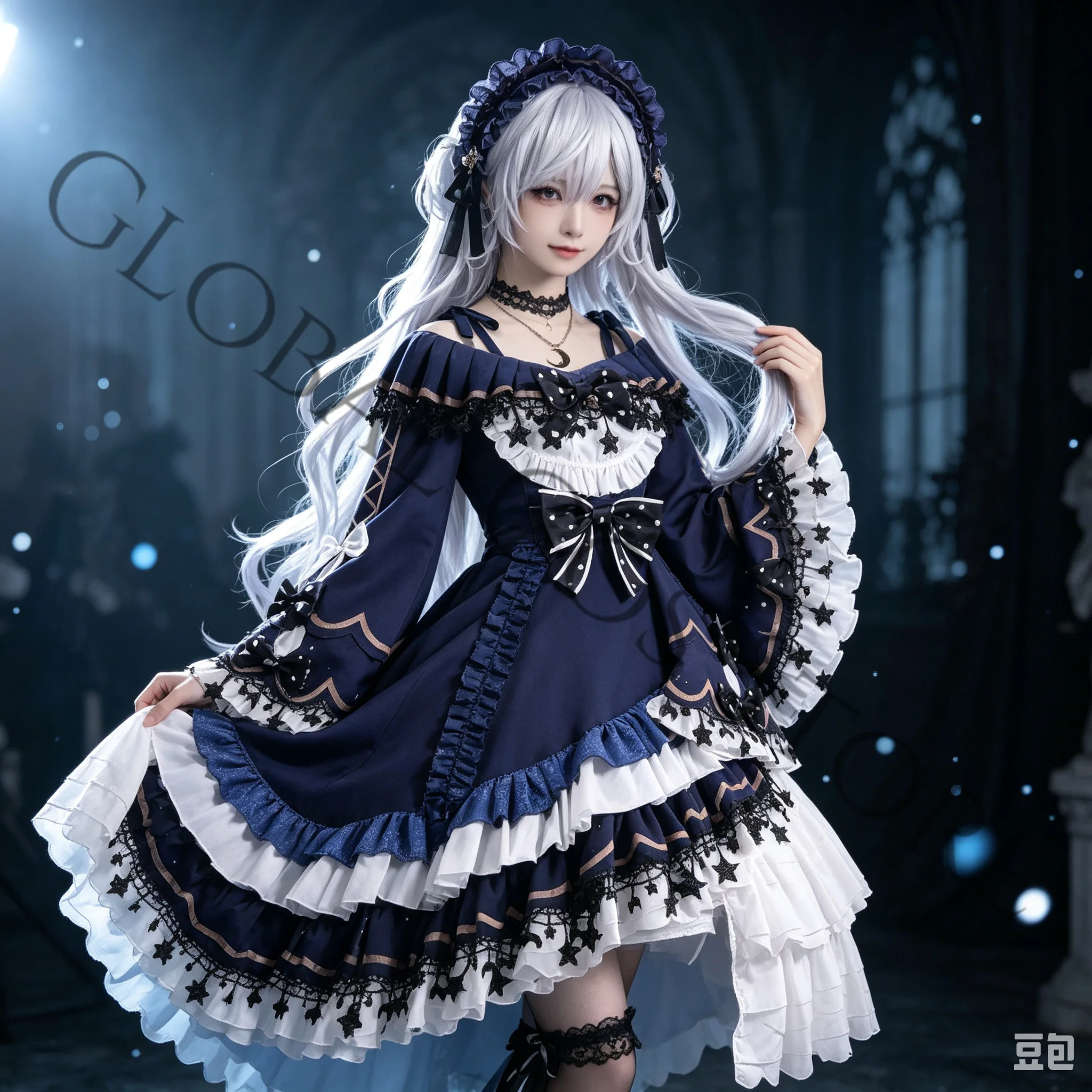 Natsume An-An Cosplay Costume Magical Girl Witch Trial Gorgeous Navy Blue Gothic Lolita Dress Headdress and Accessories Wig Set