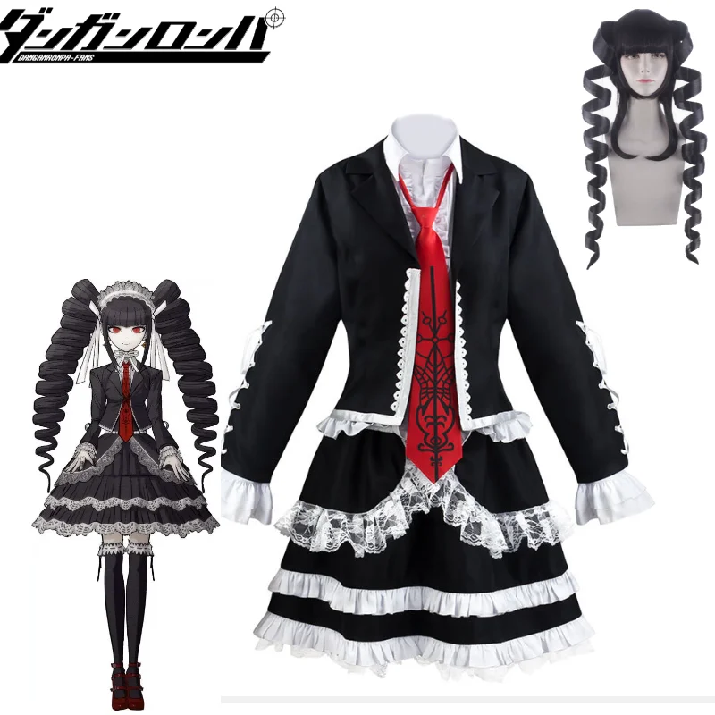 Dangaronpa Celestia Ludenberg Cosplay Costume Yasuhiro Taeko School JK Uniform Dress with Wig for Halloween Comic Con Party