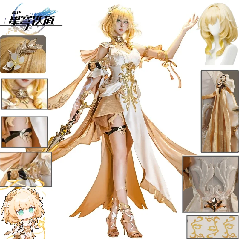 Aglaea Cosplay Costume Honkai: Star Rail Aglaea Chrysos Heirs Gown Dress Golden Laurel Wreath Headdress Wig Set Halloween Outfit