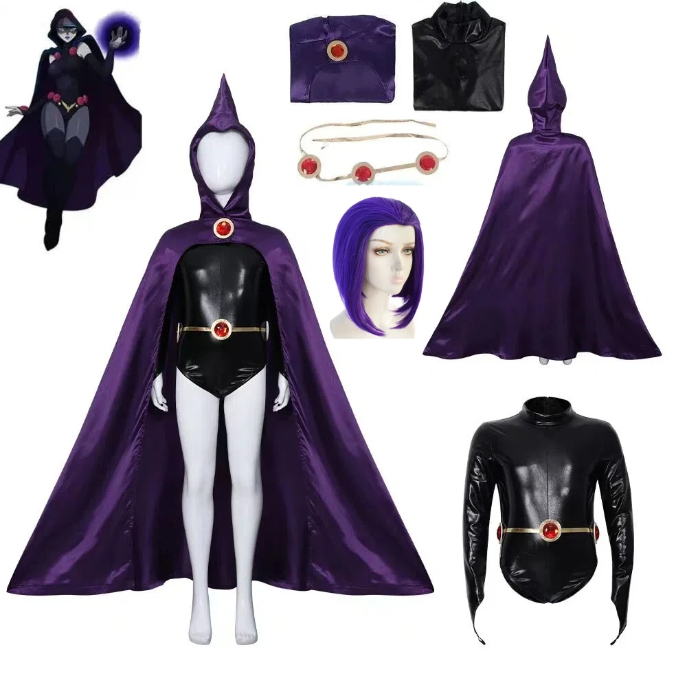 Anime Teen Titans Raven Cosplay Costume Purple Cloak Dress Wig Set Superhero Raven Cosplay Outfit Halloween Stage Set for Women