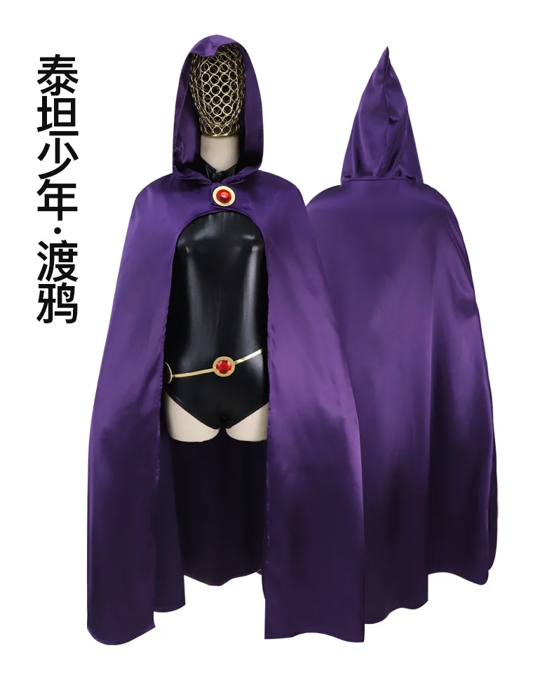 Anime Teen Titans Raven Cosplay Costume Purple Cloak Dress Wig Set Superhero Raven Cosplay Outfit Halloween Stage Set for Women