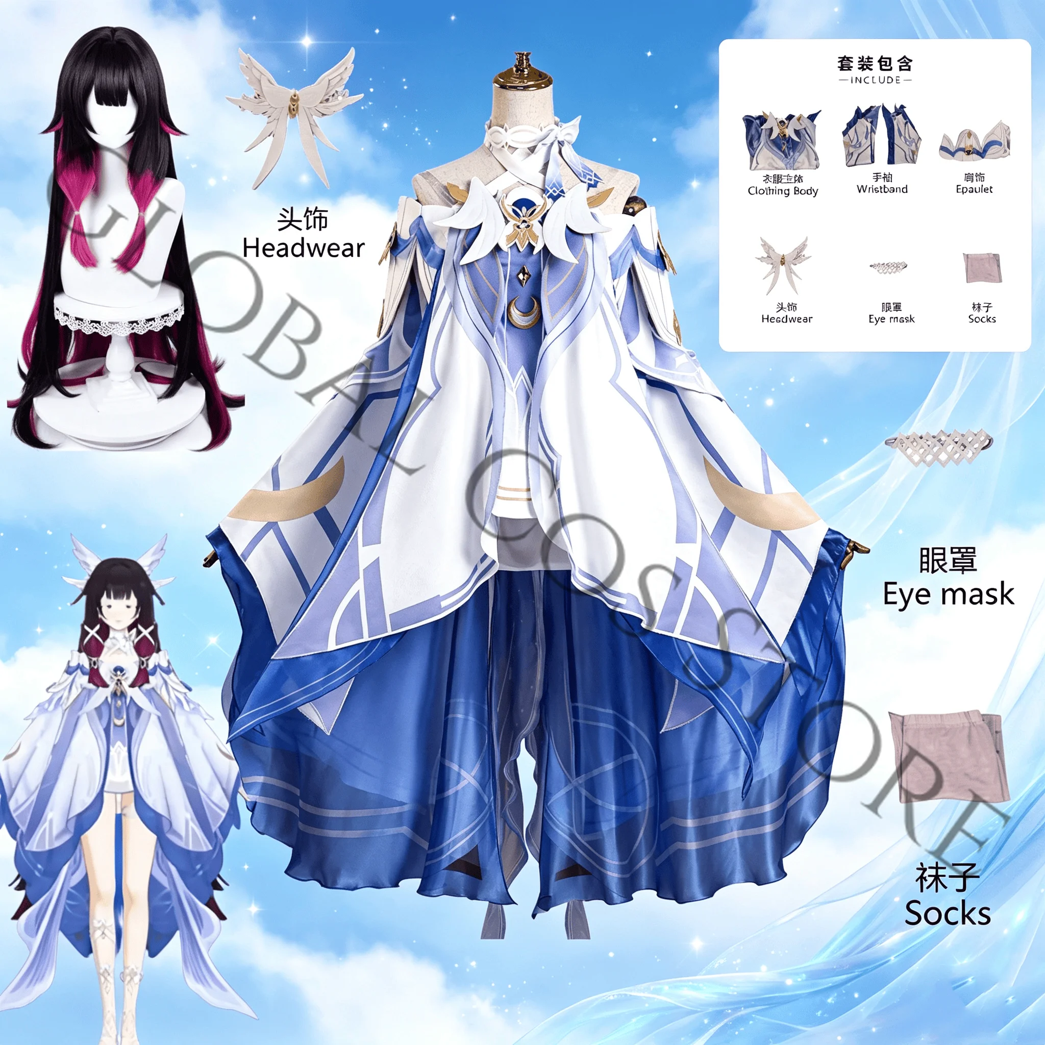 Game Genshin Impact Columbina Columbina Cosplay Costume Dress Headwear Set Wig for Girl‌‌‌ Roleplay Uniform Halloween Party