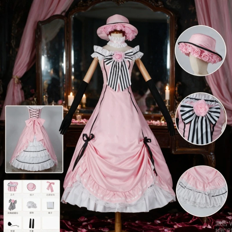 Ciel Phantomhive Young Master Black Butler Cosplay Costume Pink Robin Lolita Uniform Sleeveless Lace Maid Dress Wig For Women