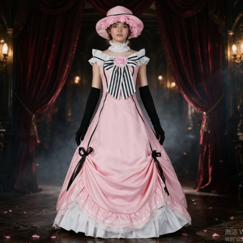 Ciel Phantomhive Young Master Black Butler Cosplay Costume Pink Robin Lolita Uniform Sleeveless Lace Maid Dress Wig For Women