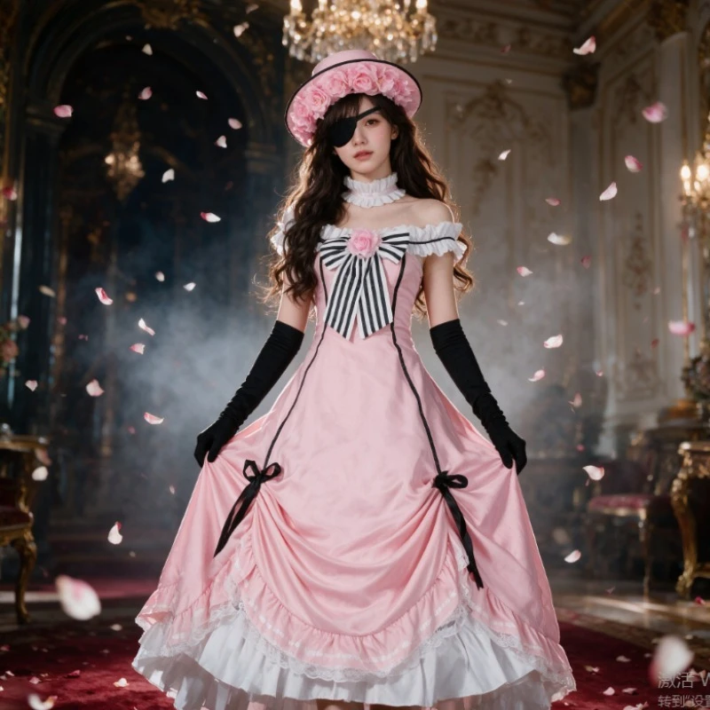 Ciel Phantomhive Young Master Black Butler Cosplay Costume Pink Robin Lolita Uniform Sleeveless Lace Maid Dress Wig For Women