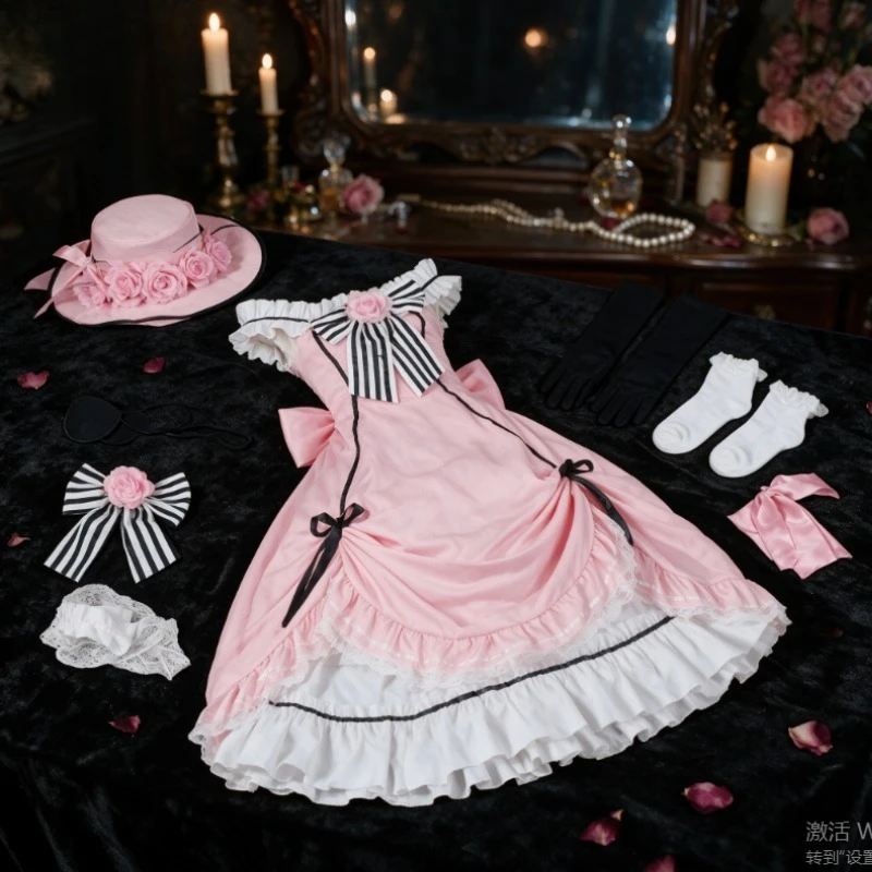 Ciel Phantomhive Young Master Black Butler Cosplay Costume Pink Robin Lolita Uniform Sleeveless Lace Maid Dress Wig For Women