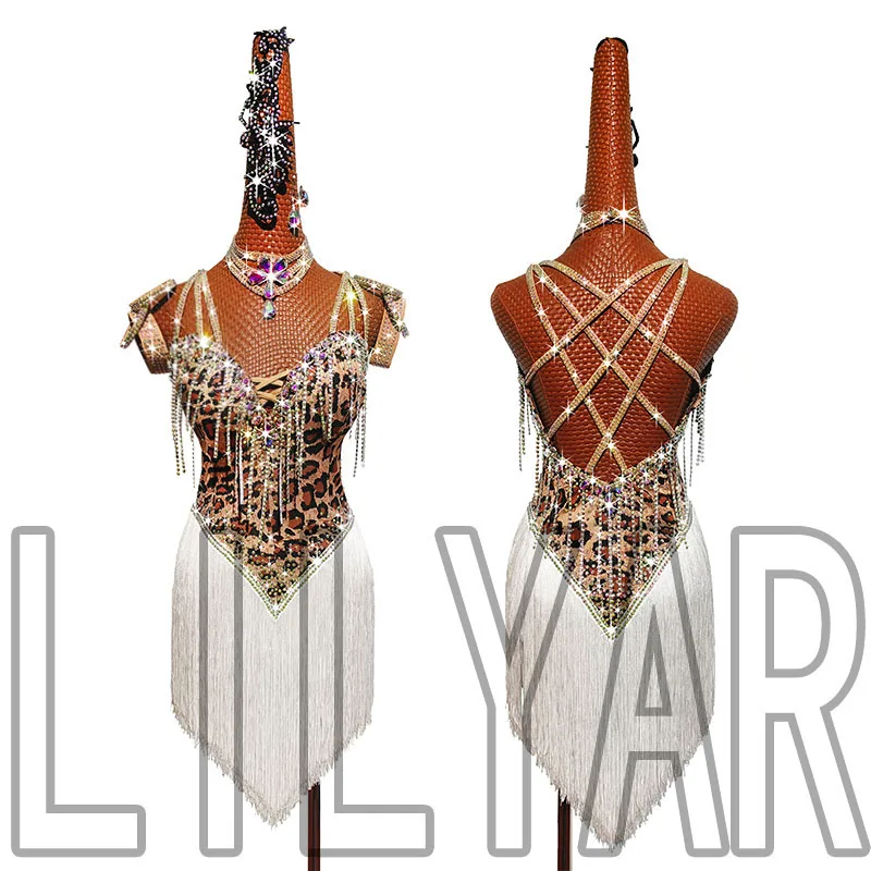 New Latin Dance Competition Performance Art Exam Adult Female Leopard Pattern Sparkling Diamond White Tassel Sexy High End Dance