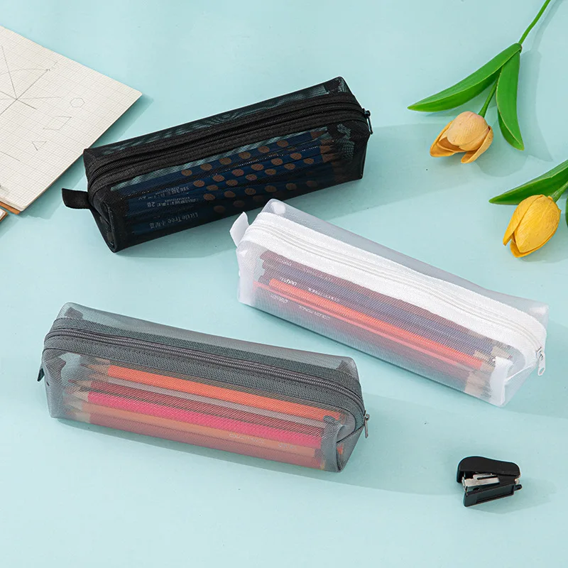 Transparent Nylon Mesh Pencil Case Large Capacity Student Exam Stationery Bag Back To School Cute Pencil Case