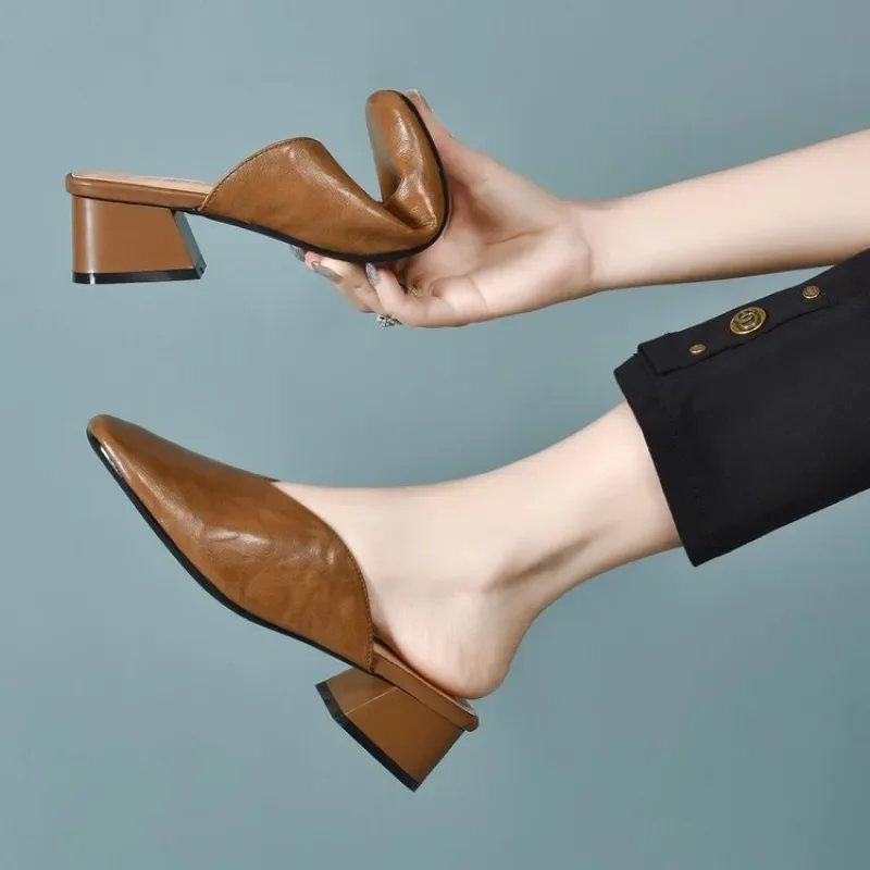 Women's Retro Square-Toe Chunky Heel Mules, Soft Leather Comfortable Slip-On Sandals, Suitable for Daily and Office Wear