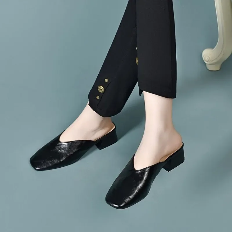 Women's Retro Square-Toe Chunky Heel Mules, Soft Leather Comfortable Slip-On Sandals, Suitable for Daily and Office Wear