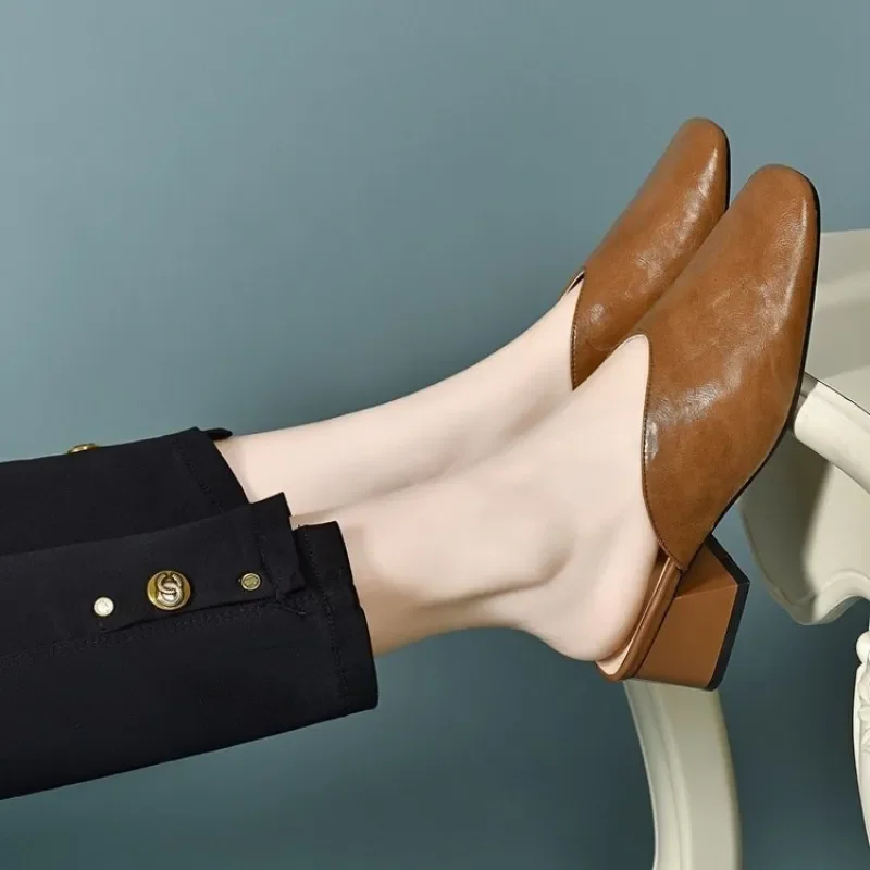 Women's Retro Square-Toe Chunky Heel Mules, Soft Leather Comfortable Slip-On Sandals, Suitable for Daily and Office Wear