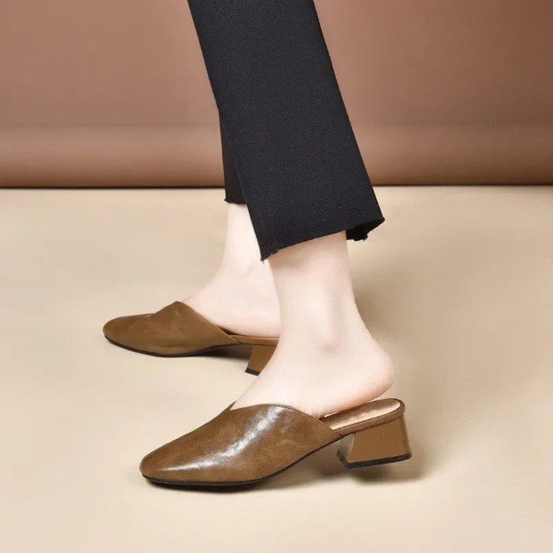 Women's Retro Square-Toe Chunky Heel Mules, Soft Leather Comfortable Slip-On Sandals, Suitable for Daily and Office Wear