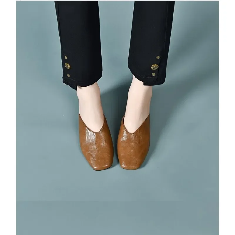 Women's Retro Square-Toe Chunky Heel Mules, Soft Leather Comfortable Slip-On Sandals, Suitable for Daily and Office Wear