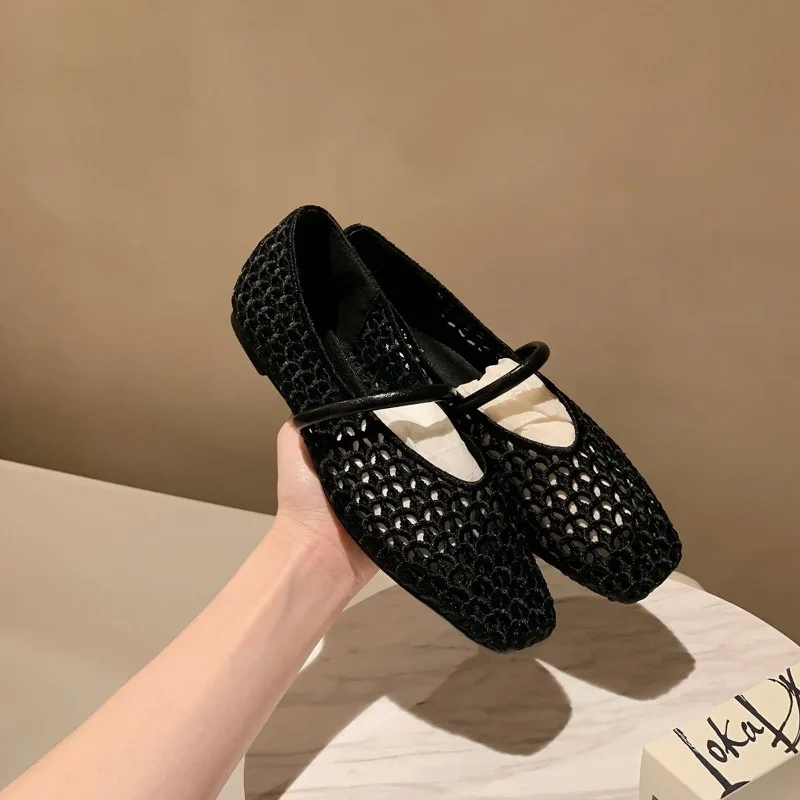 Square Head Hollow Woven Casual Comfortable Women's Flat Shoes Cut-out Mary Jane Single-layer Shoes Fishnet Shoes