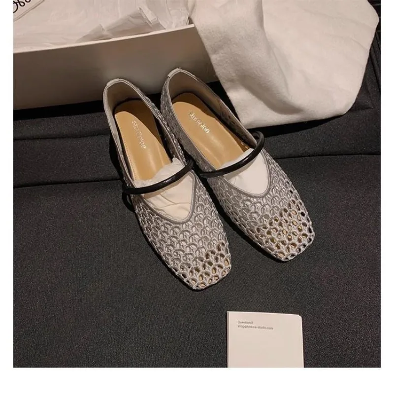 Square Head Hollow Woven Casual Comfortable Women's Flat Shoes Cut-out Mary Jane Single-layer Shoes Fishnet Shoes