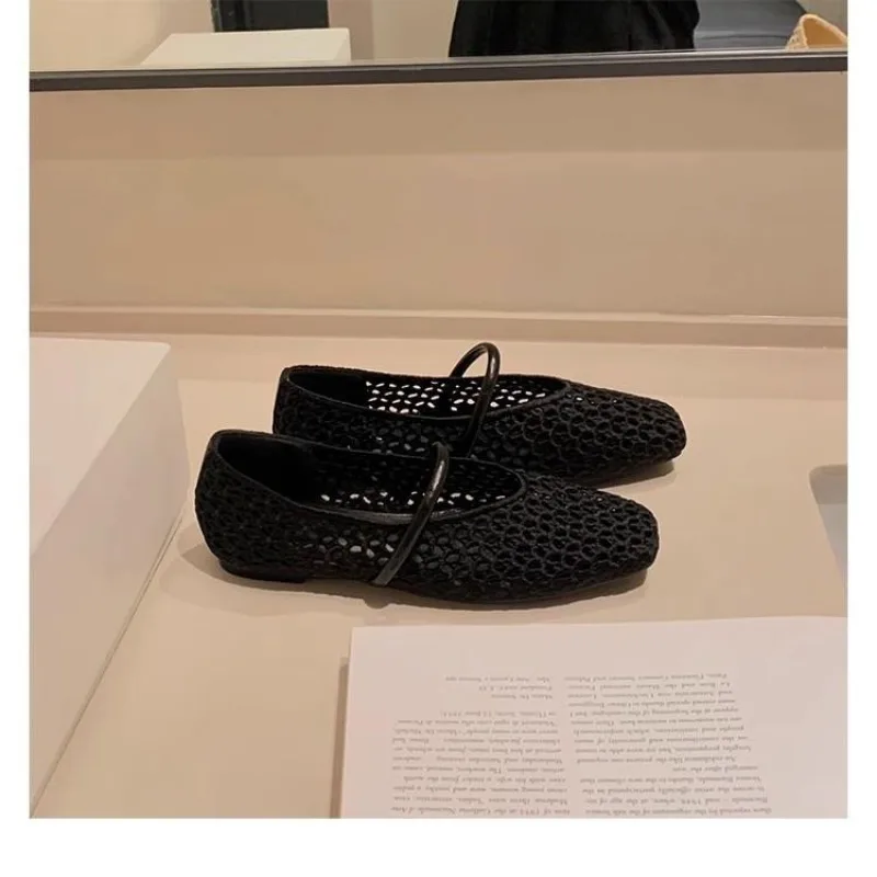 Square Head Hollow Woven Casual Comfortable Women's Flat Shoes Cut-out Mary Jane Single-layer Shoes Fishnet Shoes