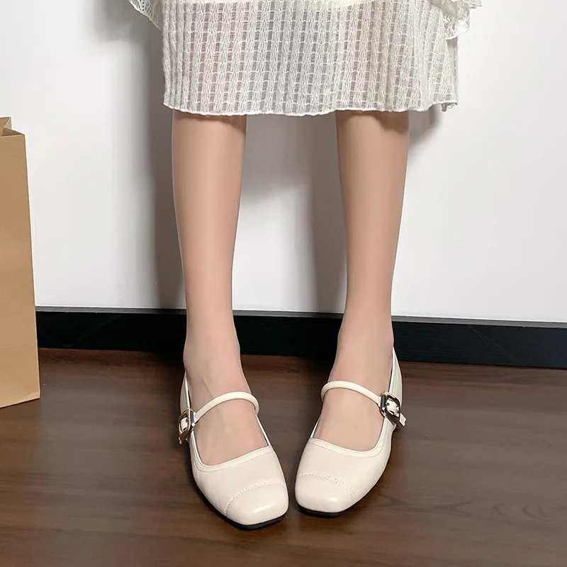 High Quality Square Toe Mary Jane Shoes Leather Inner Height Increase Women's Shoes Buckle Strap Soft Leather Retro Ballet Flats