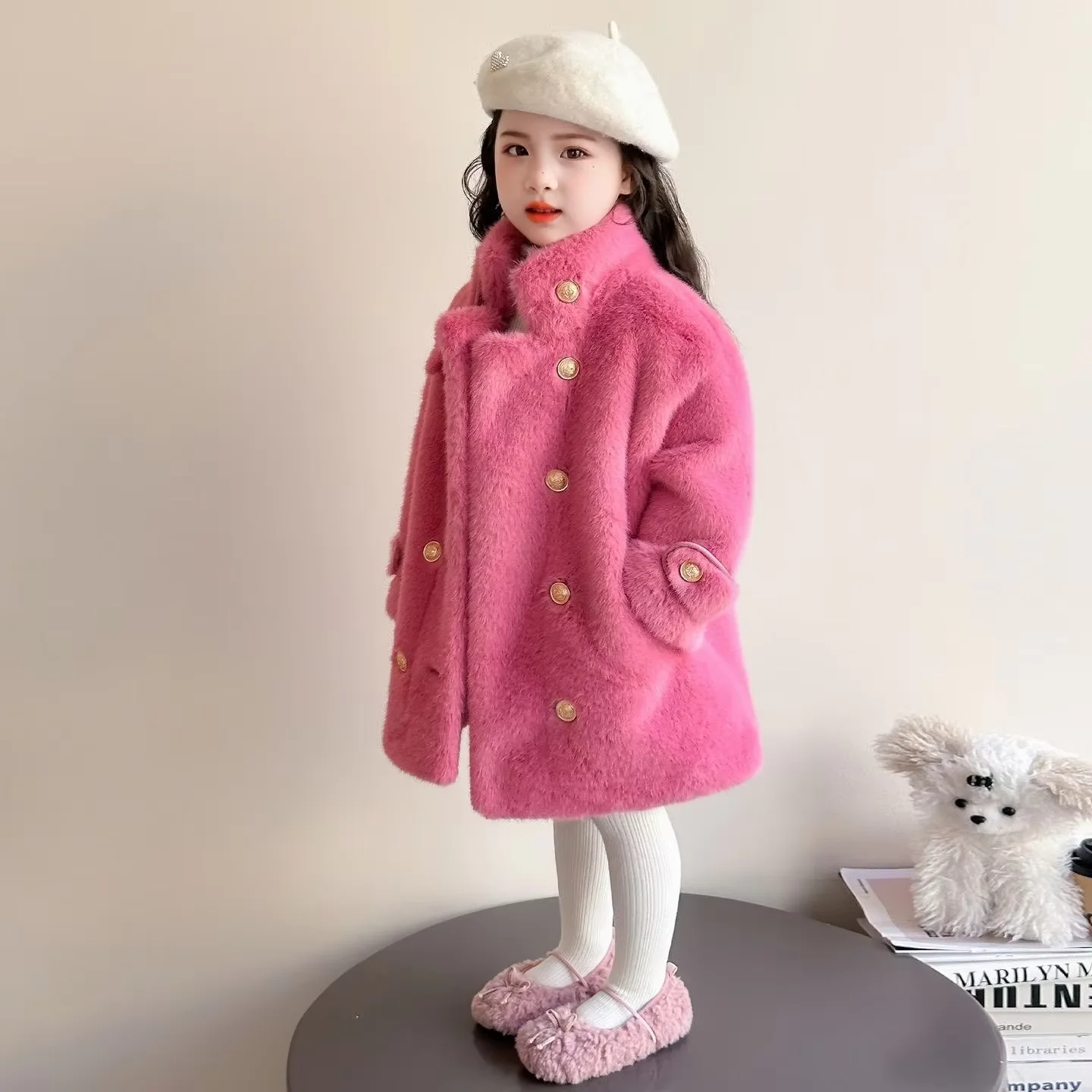 Girls Warm Winter Coat Autumn Winter New Kids Faux Fur Double Breasted Fleece Lined Mid Length Outerwear Children Clothes