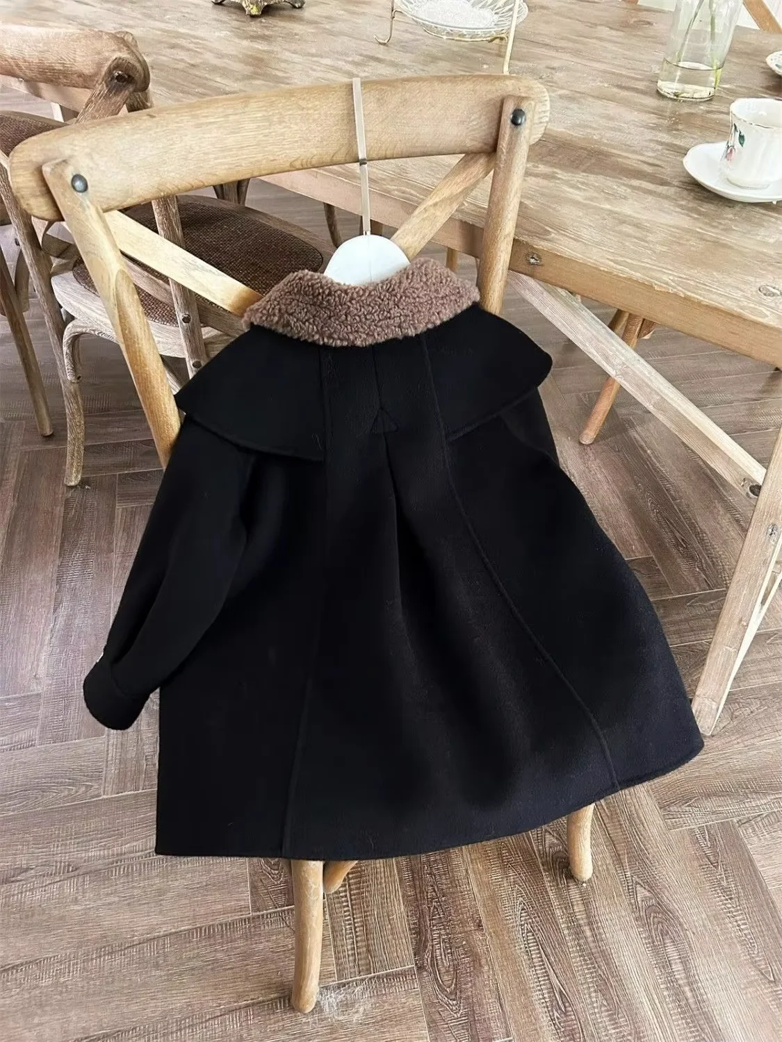 Girl's Black Double-Face Wool Notch Lapel Coat 2026 New Autumn/Winter Thickened Children's Flannel Jacket