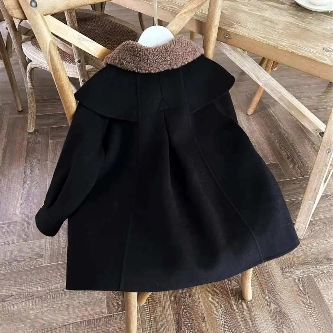 Girl's Black Double-Face Wool Notch Lapel Coat New Autumn/Winter Thickened Children's Flannel Jacket