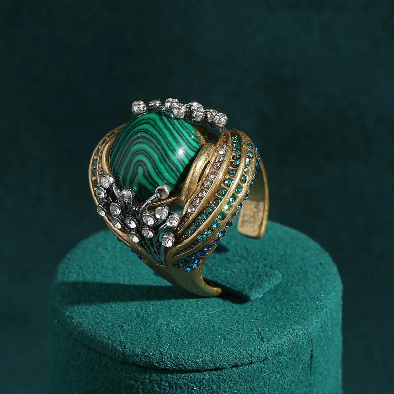 Vintage Wedding Rings for Women Round Blue Natural Oval Green Crystal Horse Eye Shape Glass Retro Pattern Gold Color Jewelry