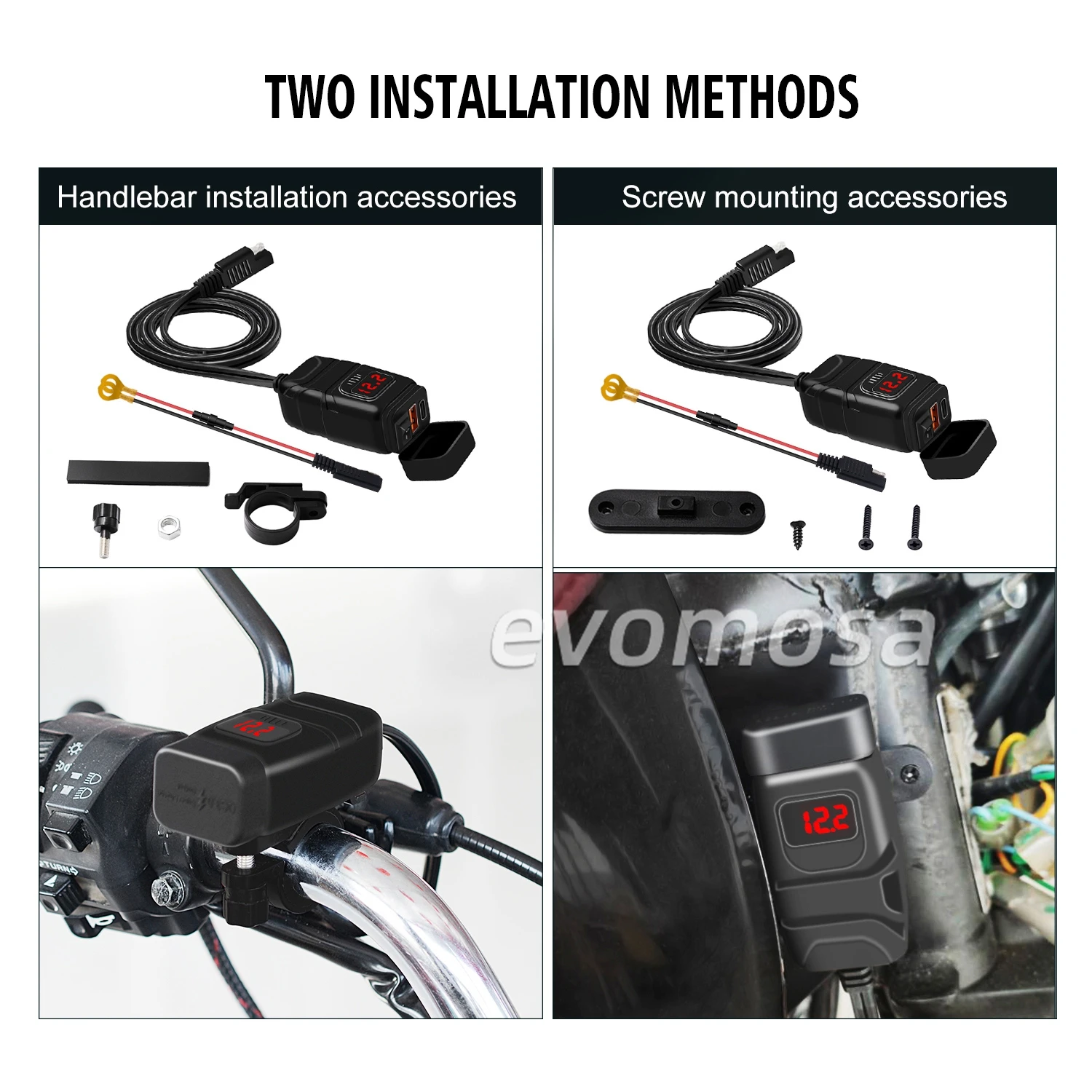 QC3.0 Motorcycle USB Charger Waterproof 12V-24V Power Supply Adapter with Switch Voltmeter Socket Mobile Phone Charger Type-C