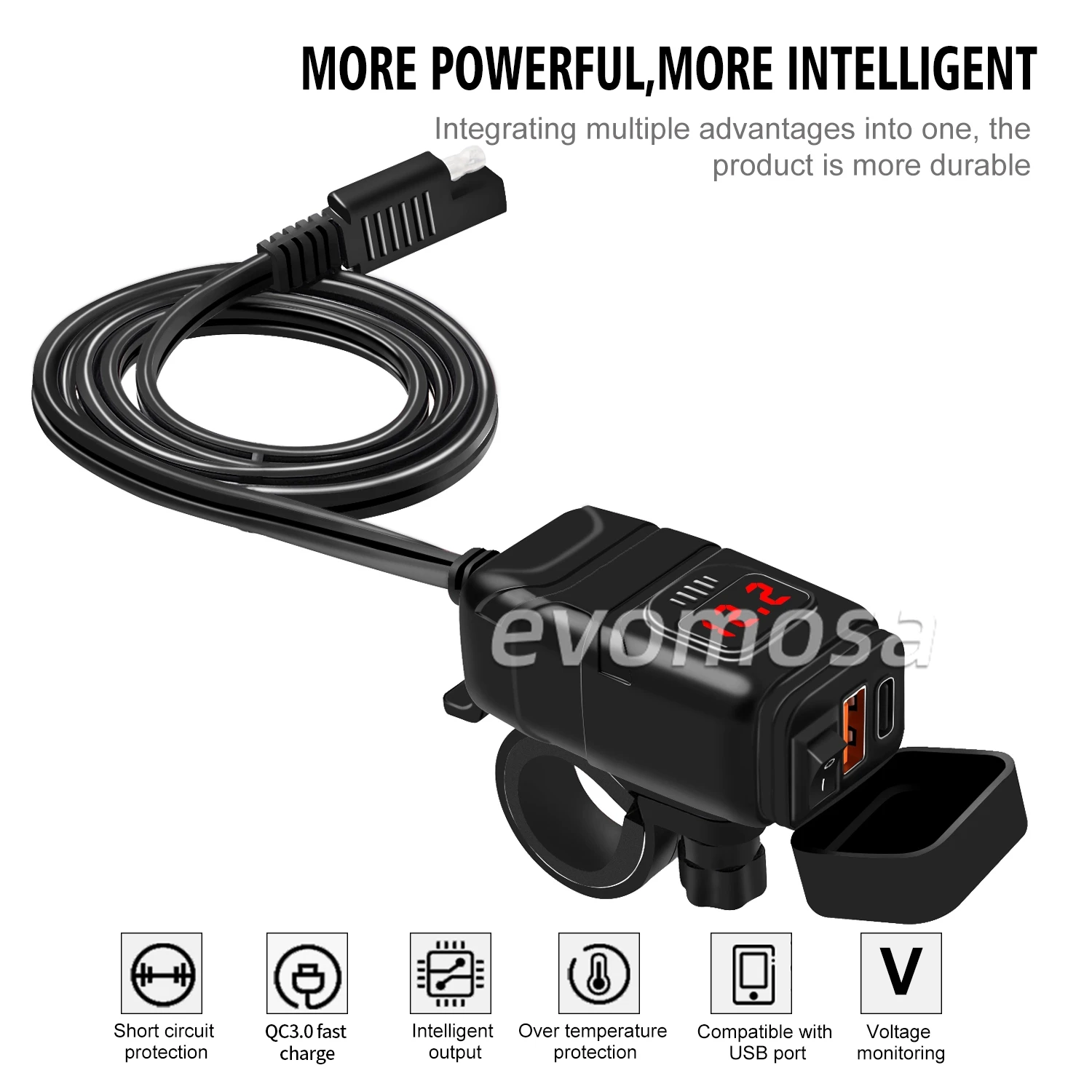 QC3.0 Motorcycle USB Charger Waterproof 12V-24V Power Supply Adapter with Switch Voltmeter Socket Mobile Phone Charger Type-C