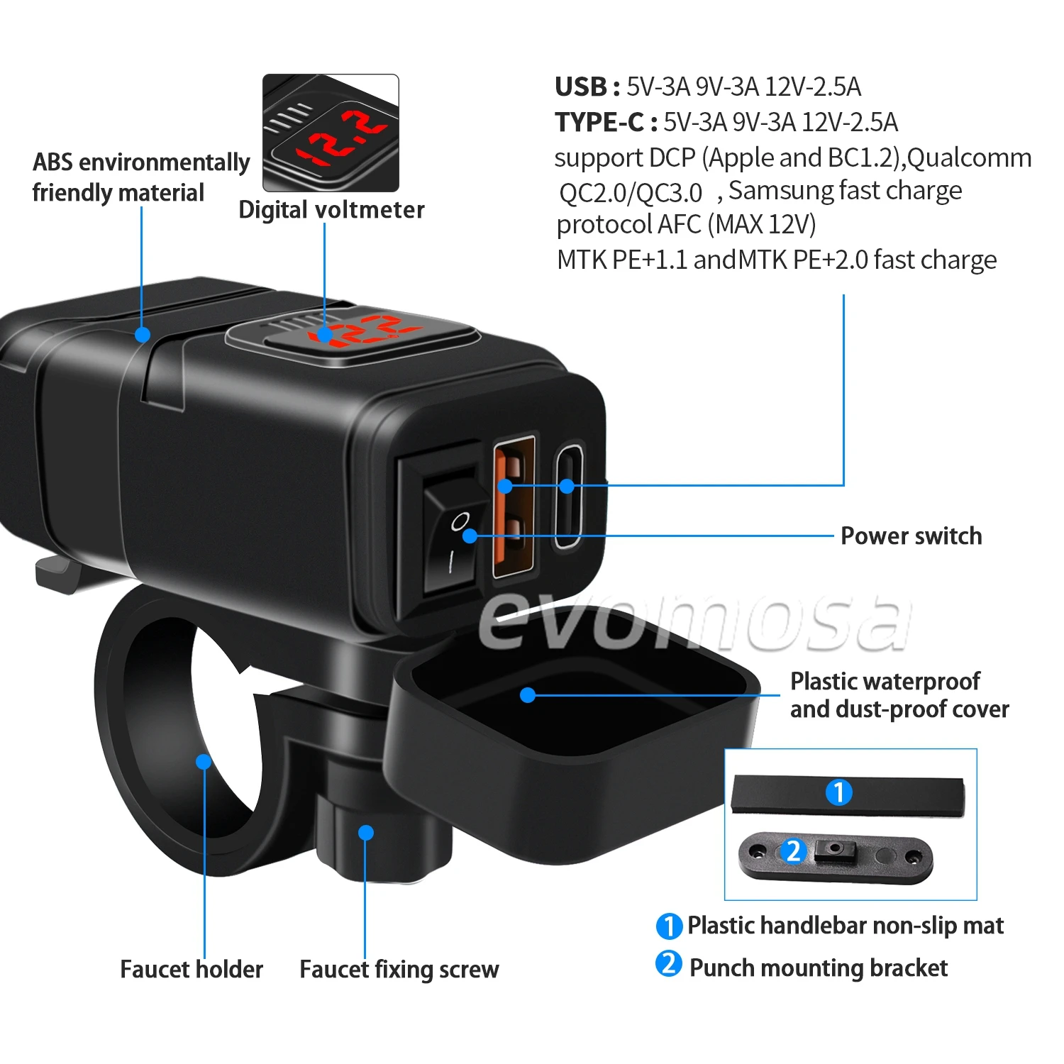 QC3.0 Motorcycle USB Charger Waterproof 12V-24V Power Supply Adapter with Switch Voltmeter Socket Mobile Phone Charger Type-C
