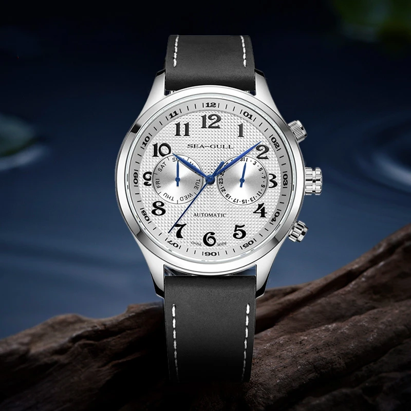 SeaGull Dual Time Zone Man Watch Day-Date Calendar Automatic Mechanical Wristwatches 42mm 50M Waterproof Watches for Man 6063